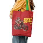 Geanta Handmade Tote Liner cu Captuseala, Merry Christmas Mos Craciun pe Motocicleta, Multicolor, 43x37 cm fotografia produsului View 5 S