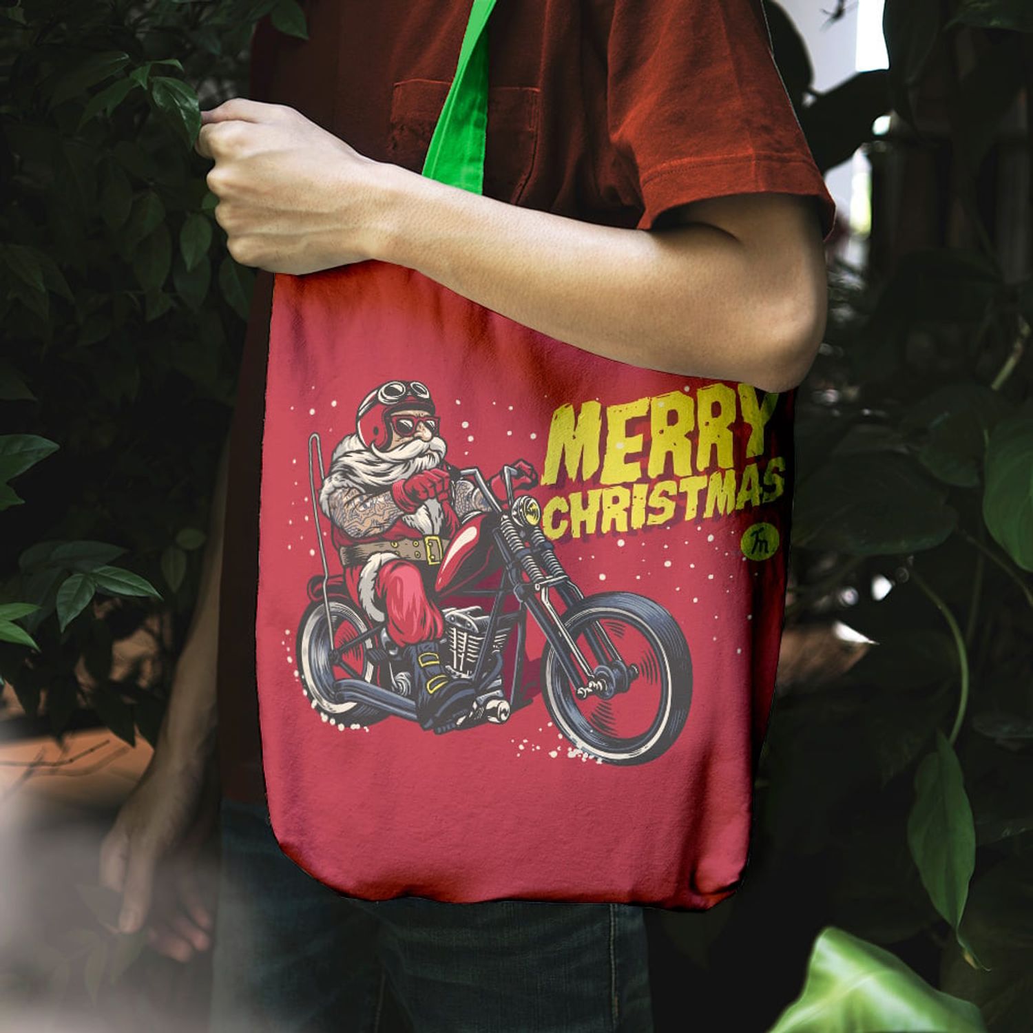 Geanta Handmade Tote Liner cu Captuseala, Merry Christmas Mos Craciun pe Motocicleta, Multicolor, 43x37 cm fotografia produsului View 6 L