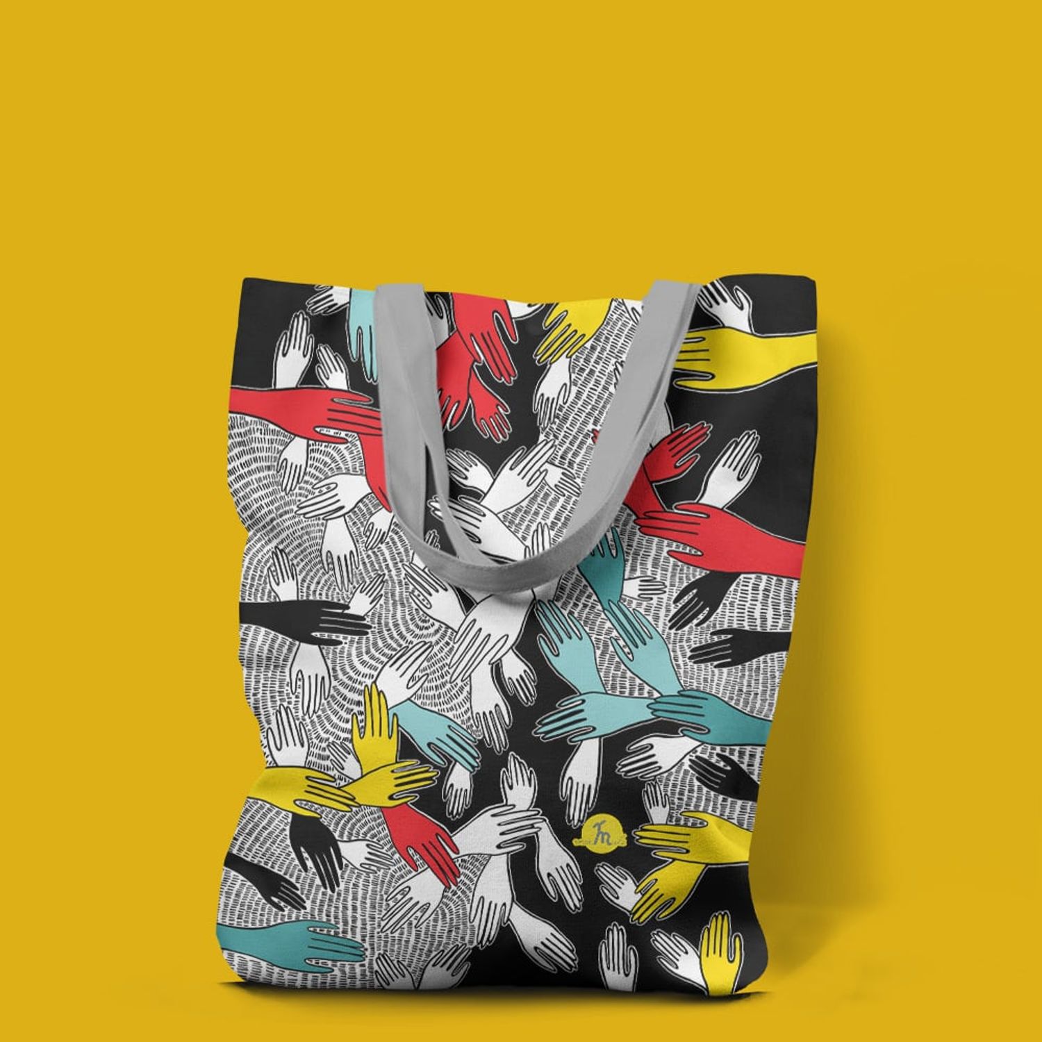Geanta Handmade Tote Liner cu Captuseala, Maini Mistice, Multicolor, 45x37 cm fotografia produsului View 3 L