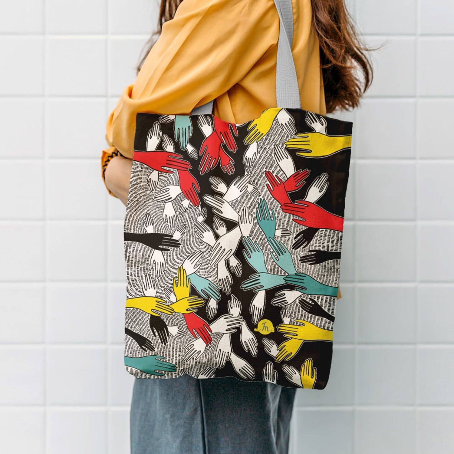Geanta Handmade Tote Liner cu Captuseala, Maini Mistice, Multicolor, 45x37 cm fotografia produsului View 6 L