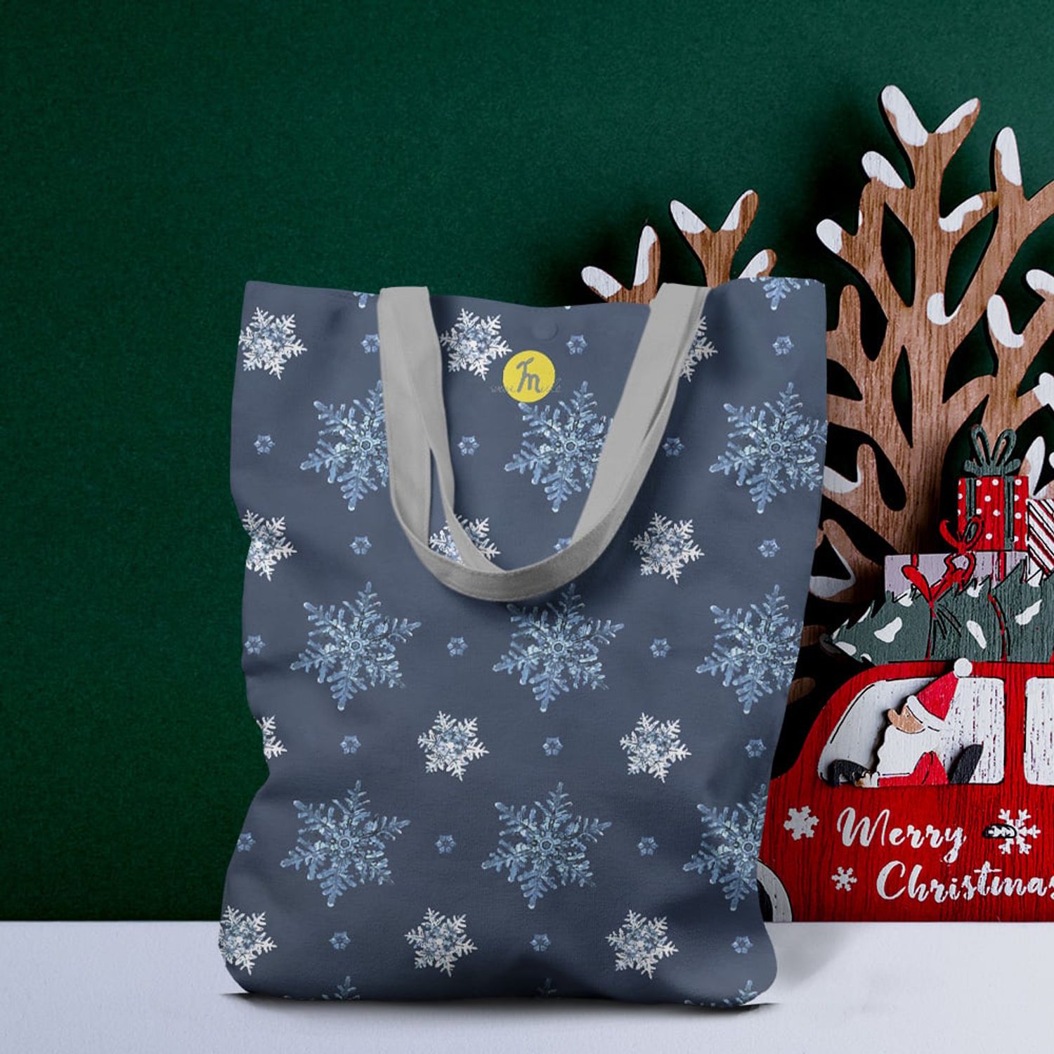 Geanta Handmade Tote Liner cu Captuseala, Fulgi de Nea, Multicolor, 45x37 cm fotografia produsului View 2 L