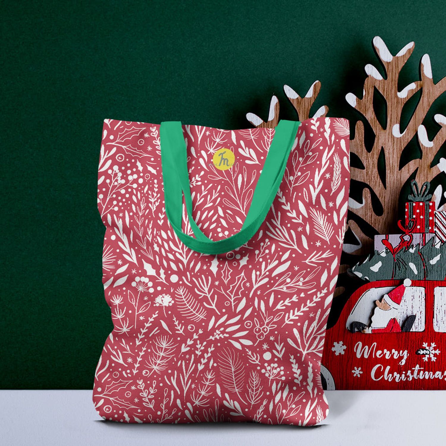 Geanta Handmade Tote Liner cu Captuseala, Pattern de Craciun cu Plante, Multicolor, 45x37 cm fotografia produsului View 2 L