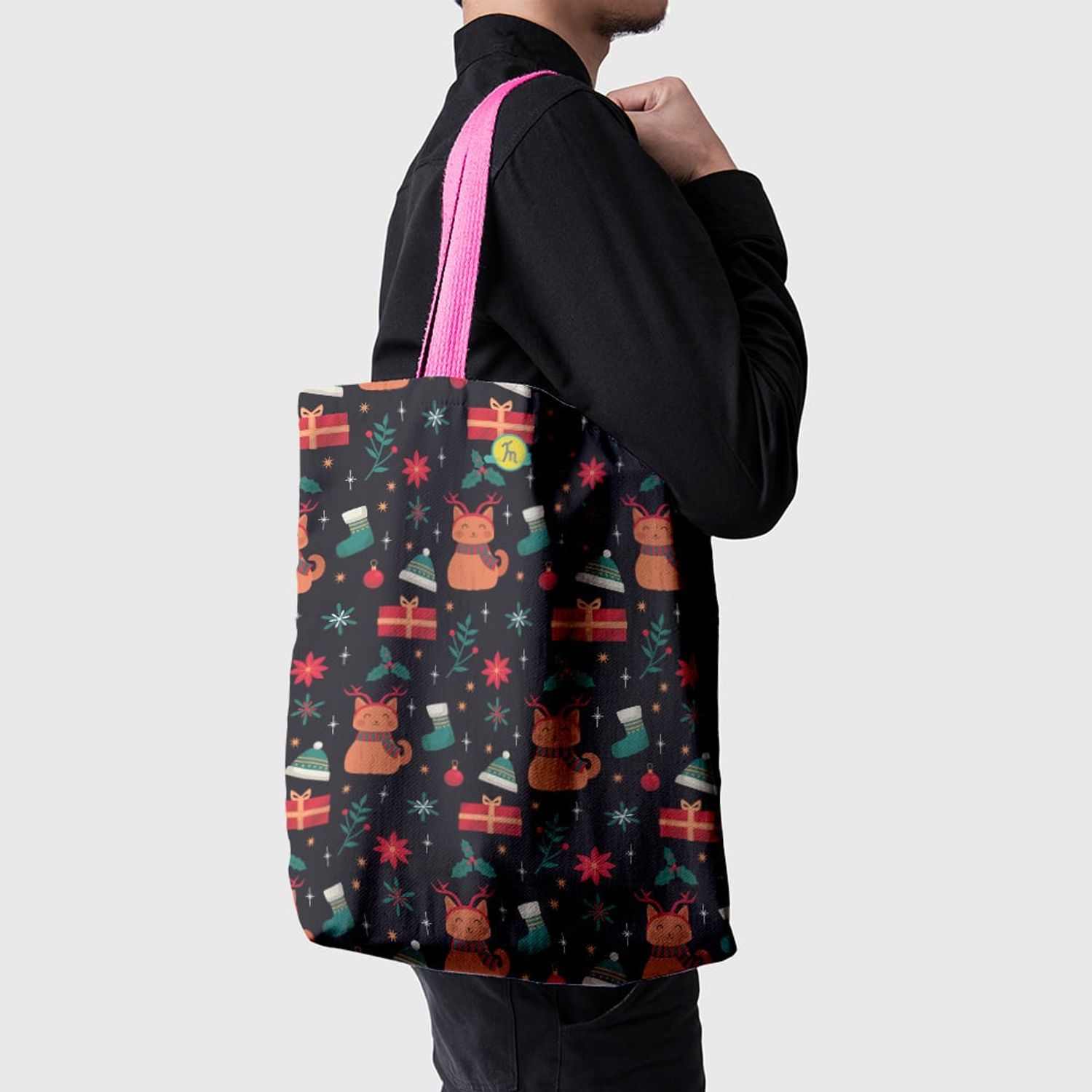 Geanta Handmade Tote Basic, Pisici si Cadouri de Craciun, Multicolor, 43x37 cm fotografia produsului View 3 L