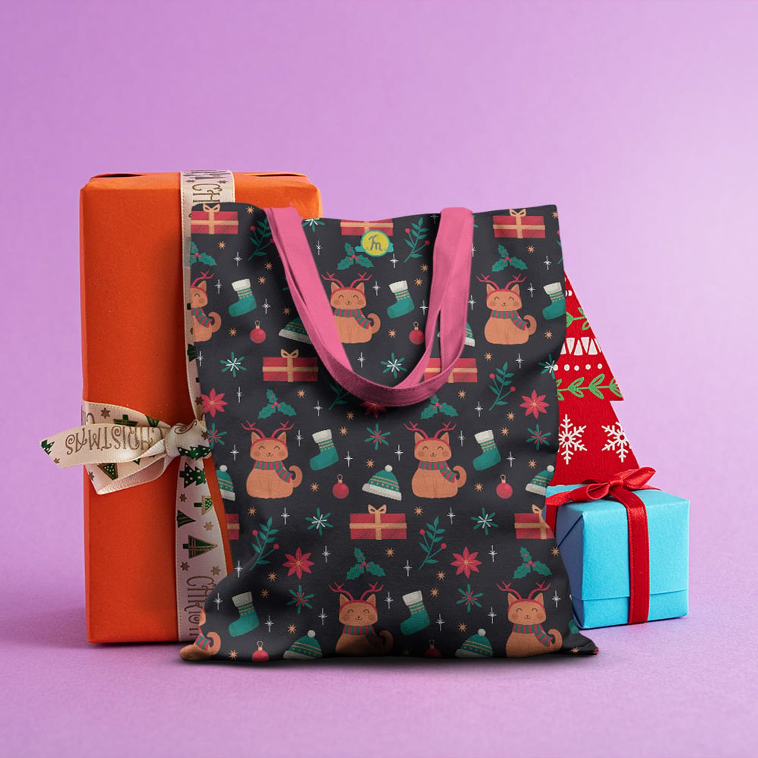 Geanta Handmade Tote Basic, Pisici si Cadouri de Craciun, Multicolor, 43x37 cm fotografia produsului View 4 L