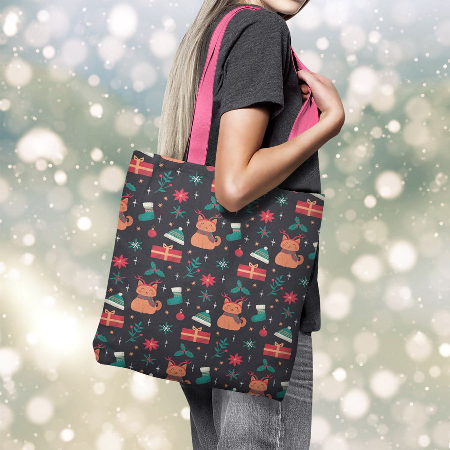 Geanta Handmade Tote Basic, Pisici si Cadouri de Craciun, Multicolor, 43x37 cm fotografia produsului View 5 L
