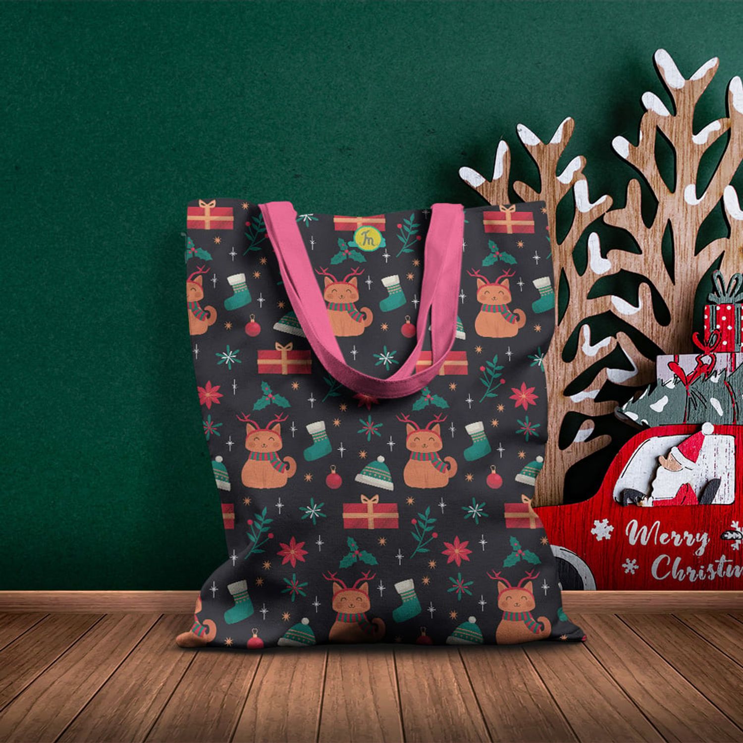 Geanta Handmade Tote Basic, Pisici si Cadouri de Craciun, Multicolor, 43x37 cm fotografia produsului View 6 L