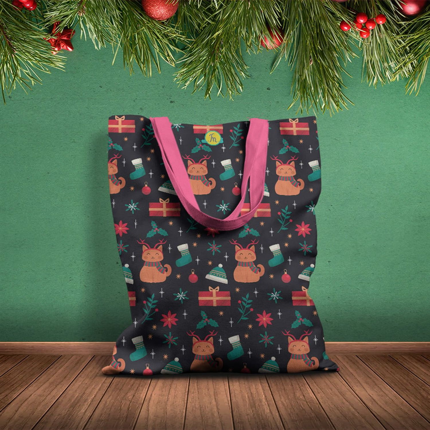 Geanta Handmade Tote Basic, Pisici si Cadouri de Craciun, Multicolor, 43x37 cm fotografia produsului View 2 L