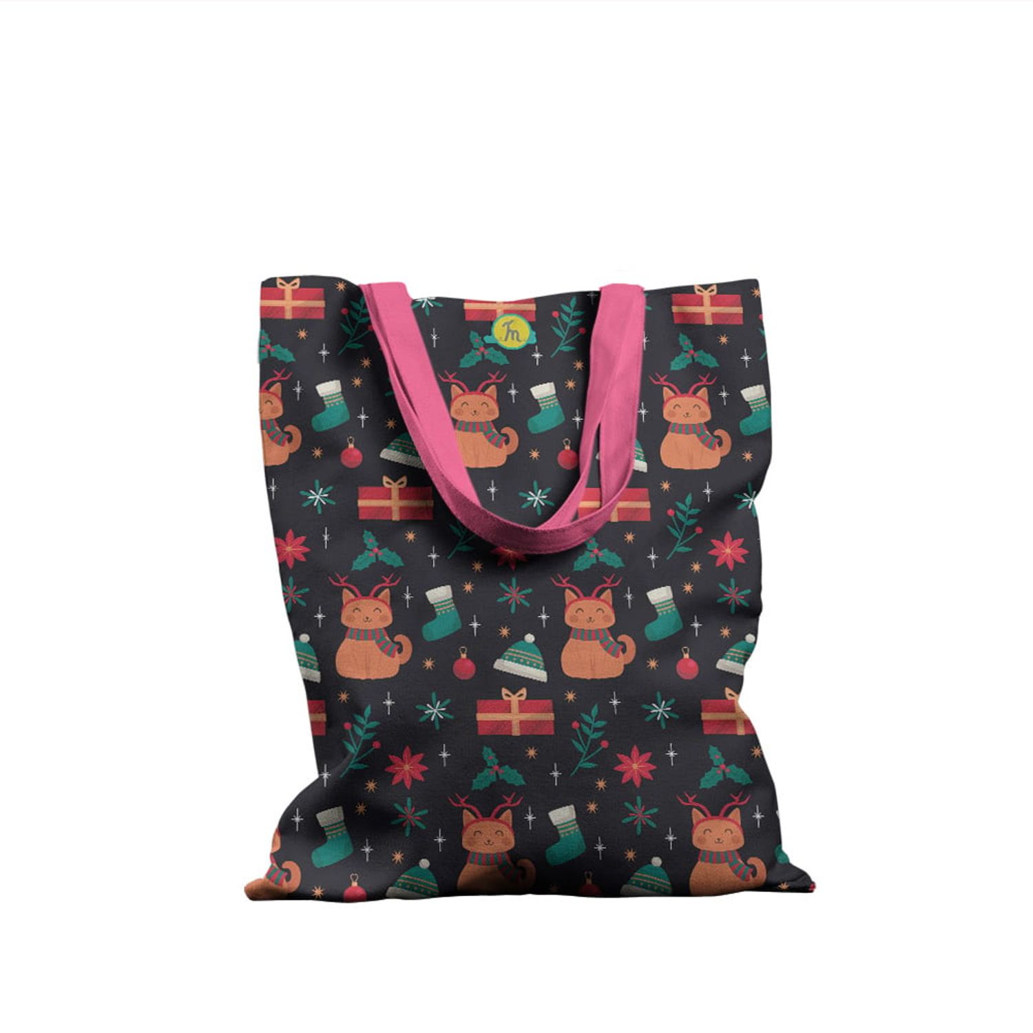 Geanta Handmade Tote Basic, Pisici si Cadouri de Craciun, Multicolor, 43x37 cm fotografia produsului