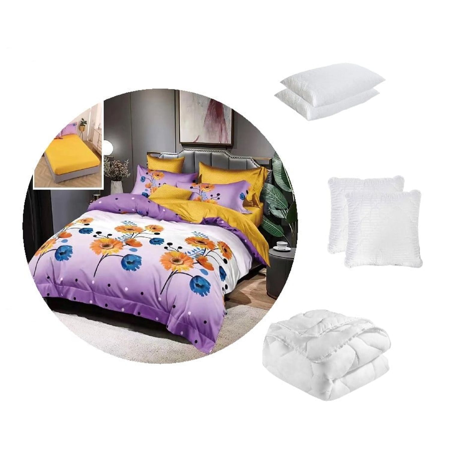 Pachet 1 Lenjerie de pat finet Extra 6 piese, cearceaf pat cu elastic model purple yellow+ 1 pilota 200&times;220 + 2 - 6420624029982 fotografia produsului