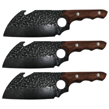 Set trei cutite macelarie IdeallStore®, lucrate manual, Ying-Yang Blade, 26.5 cm, maner lemn, negru