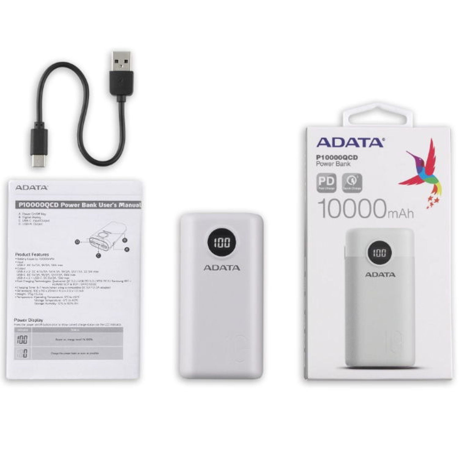 Acumulator extern ADATA AP10000QCD-DGT-CWH, 10000mAh, 2x USB A, 1x USB C (Alb) fotografia produsului View 4 L