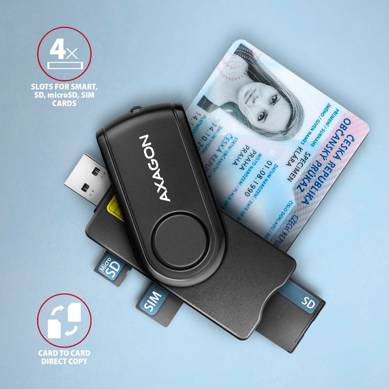 Cititor SIM Axagon Smart Card PocketReader, CRE-SMP2A, USB 2.0 fotografia produsului View 4 L