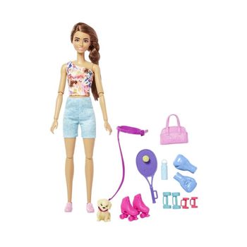 Papusa Barbie Cu Catelus, Tinuta Fitness, Manusi De Box, Patine Cu Rotile Si Accesorii Tenis, 3 Ani+