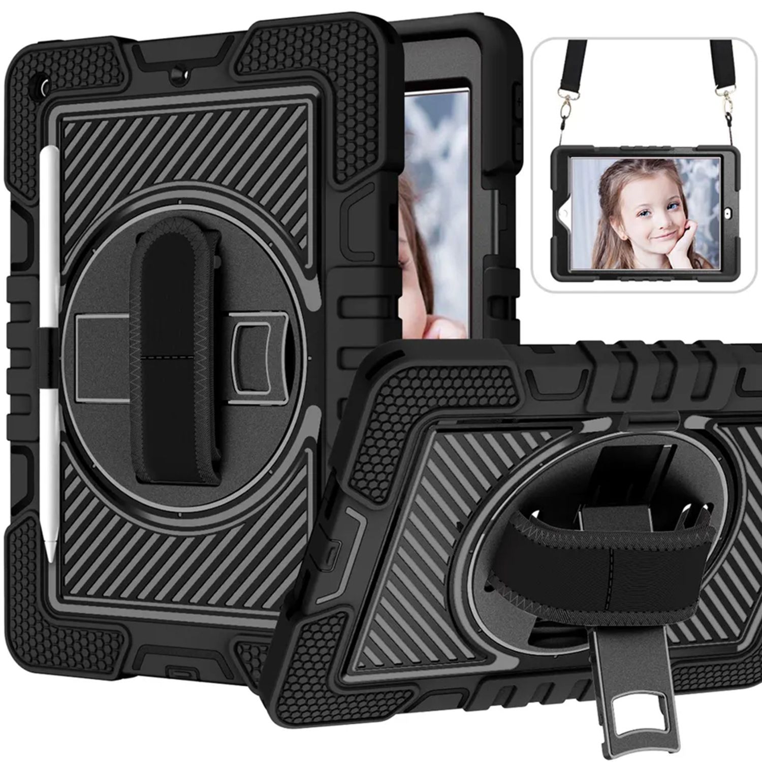 Husa de protectie 360 compatibila cu iPad 9.7 (2017   2018), curea de umar inclusa, Negru fotografia produsului