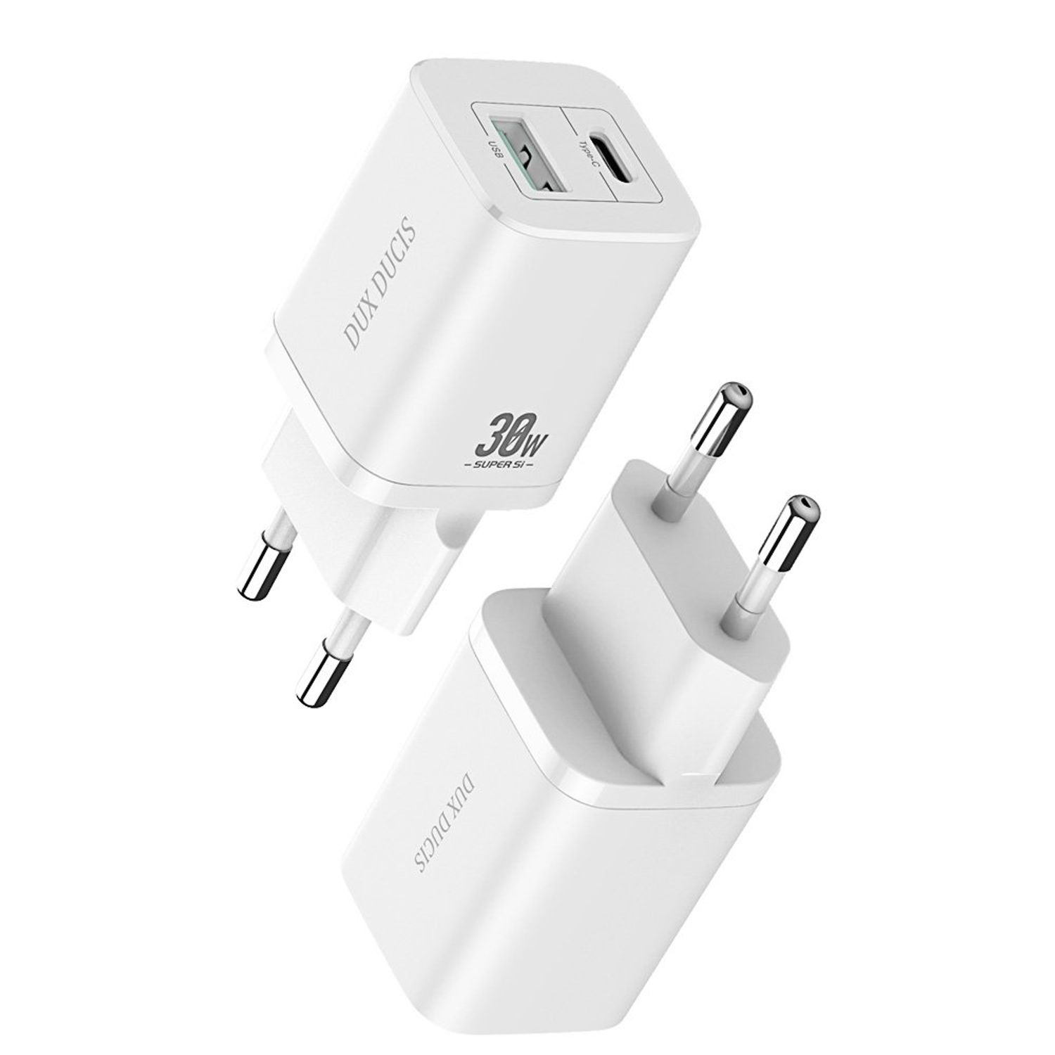 Incarcator DuxDucis, 2 iesiri, USB si Type-C, Alb fotografia produsului