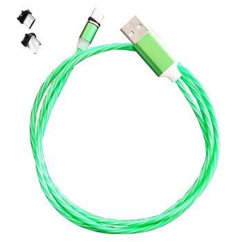 Cablu 3 In 1 Cu Led Verde Cu Incarcare Magnetica, Lightning Cu 3 Adaptoare Incluse Pentru IPhone, Type C Si Micro USB