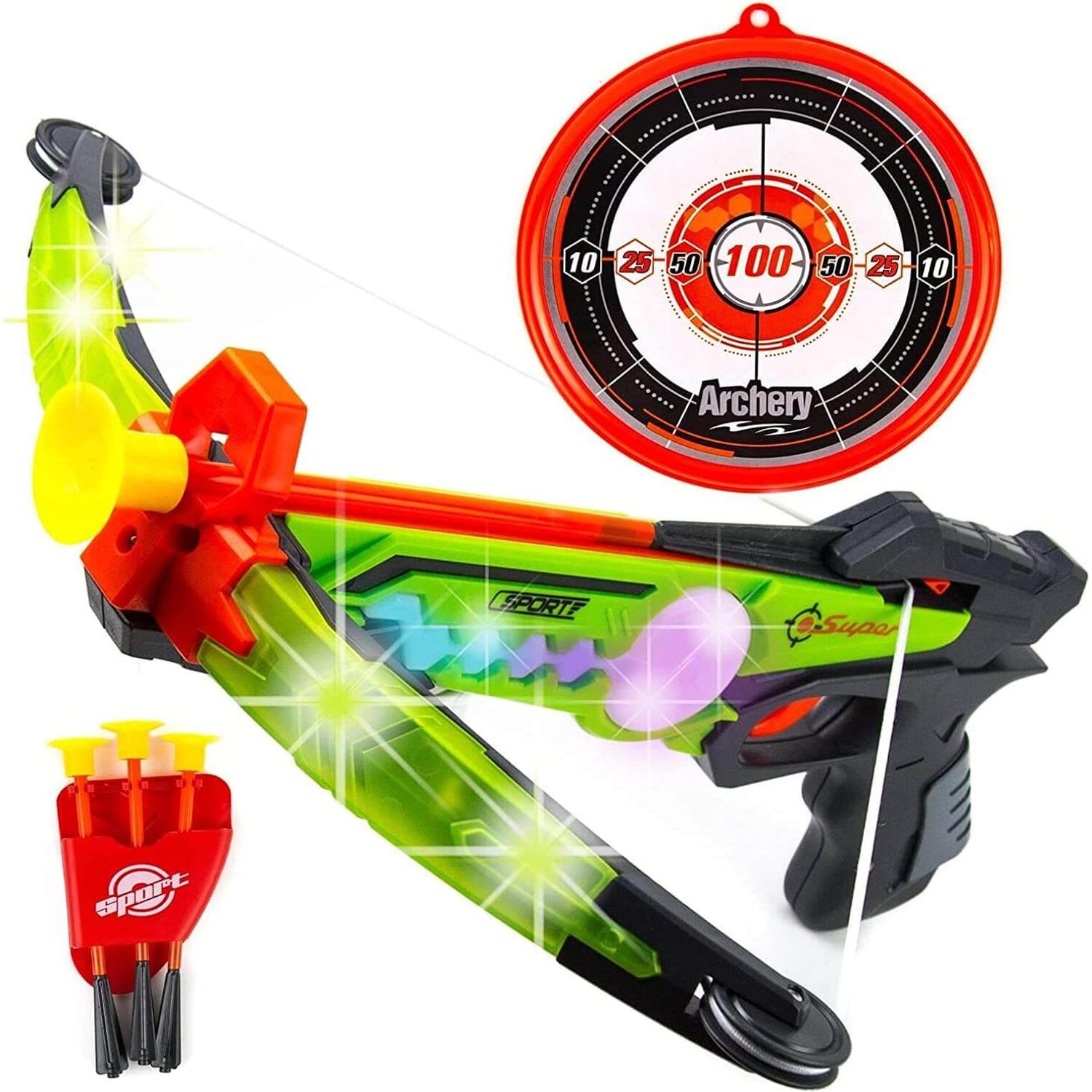 Arbaleta cu 7 moduri iluminare, sageti si tinta King Sport, 34x32x15 cm fotografia produsului