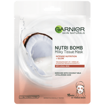 Mască servețel cu lapte de cocos și acid hialuronic Garnier pentru nutritie intensa și iluminare, 28g