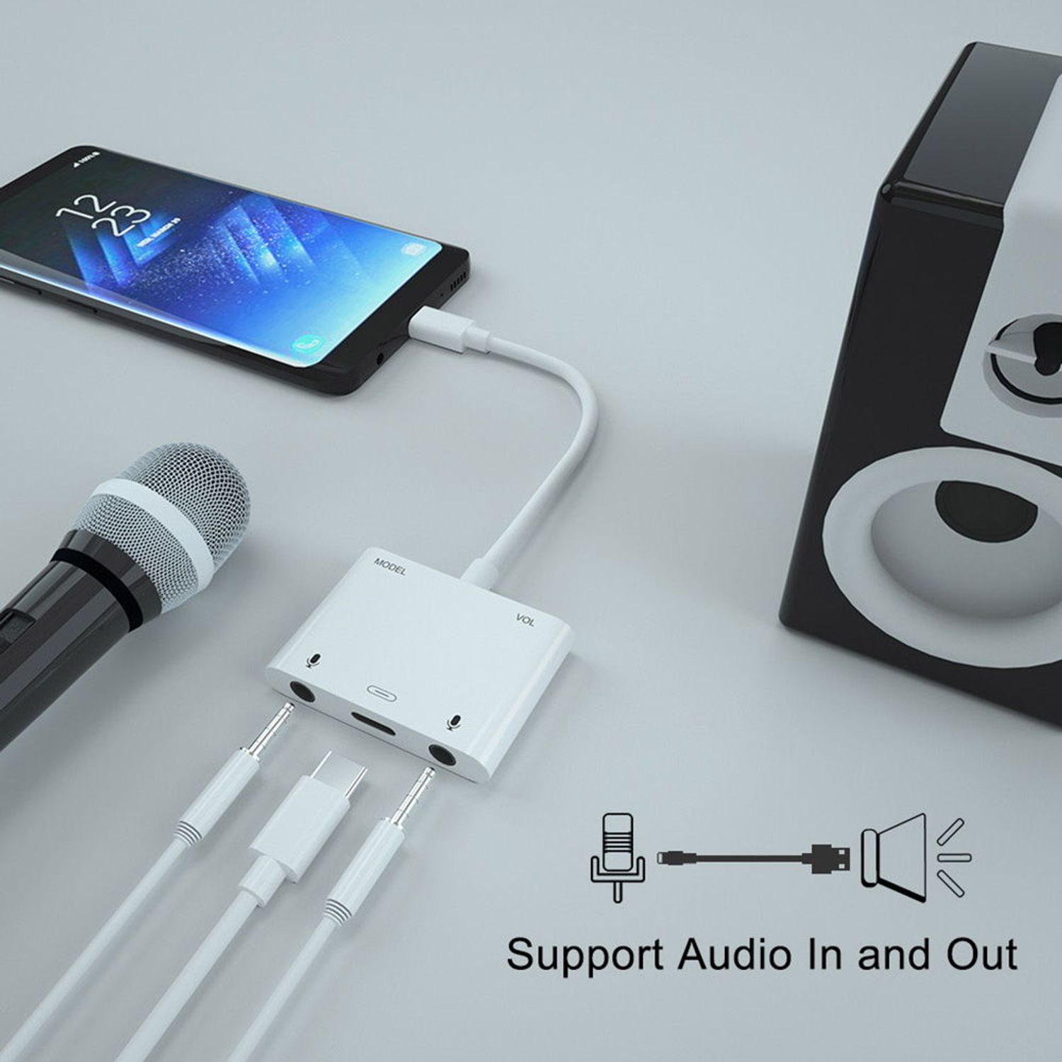 Adaptor STAR THT-010+, USB Type C - 2 x Jack 3.5mm / USB Type C (Alb) fotografia produsului View 2 L