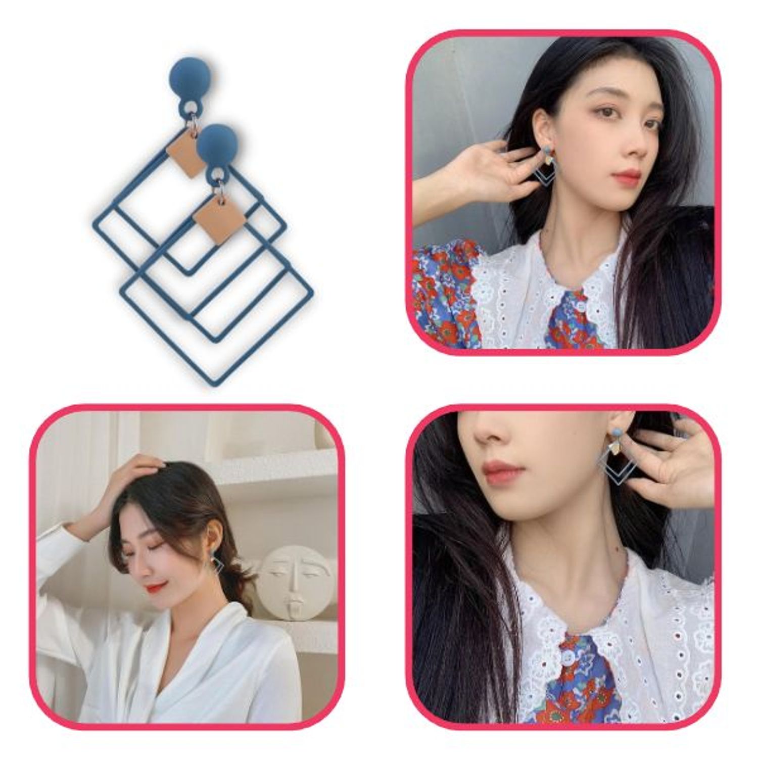 Cercei cu forme geometrice, forma patrat, Albastru cu Auriu fotografia produsului View 9 L