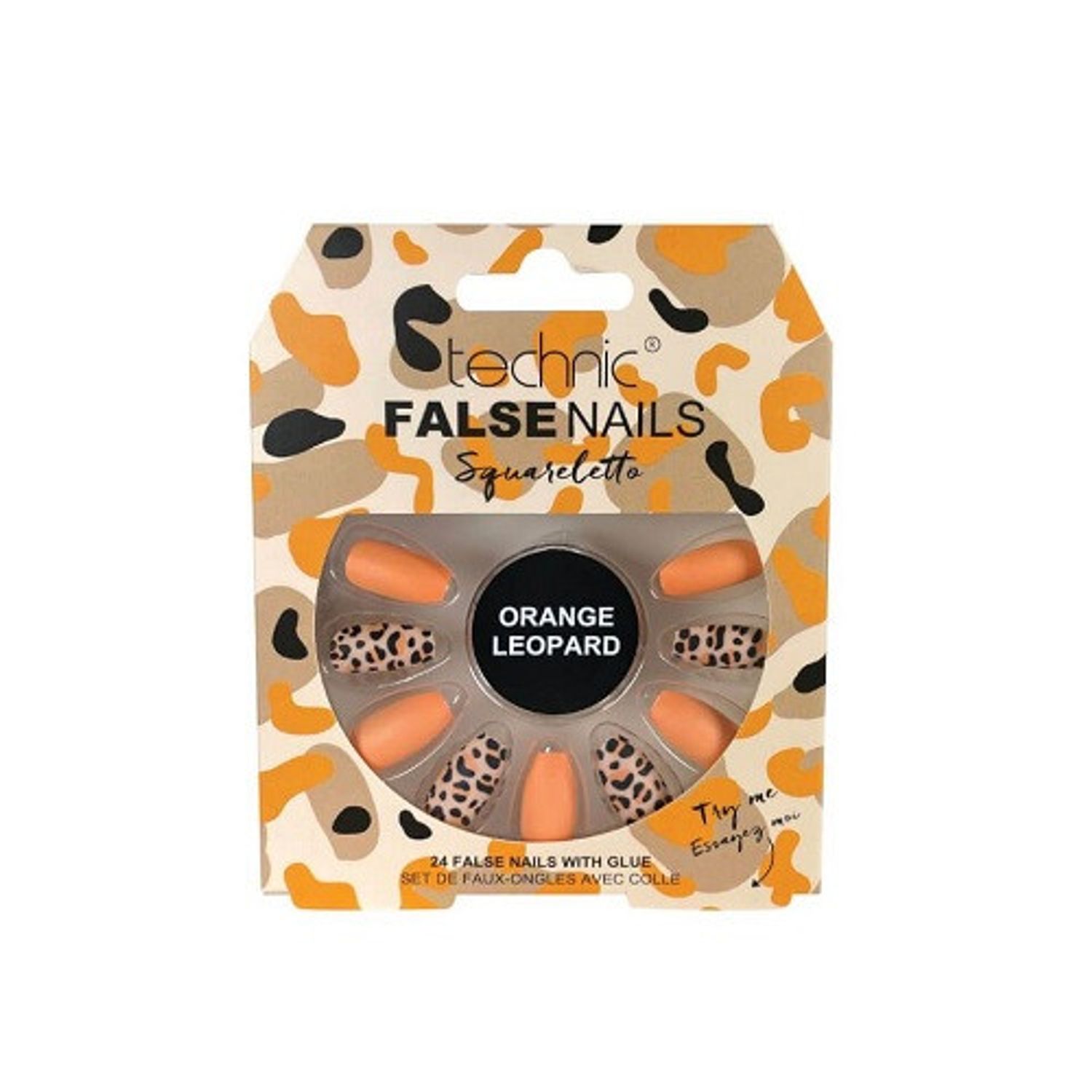 Set 24 Unghii False, Technic, False Nails, Squareletto, Orange Leopard, Adeziv inclus fotografia produsului