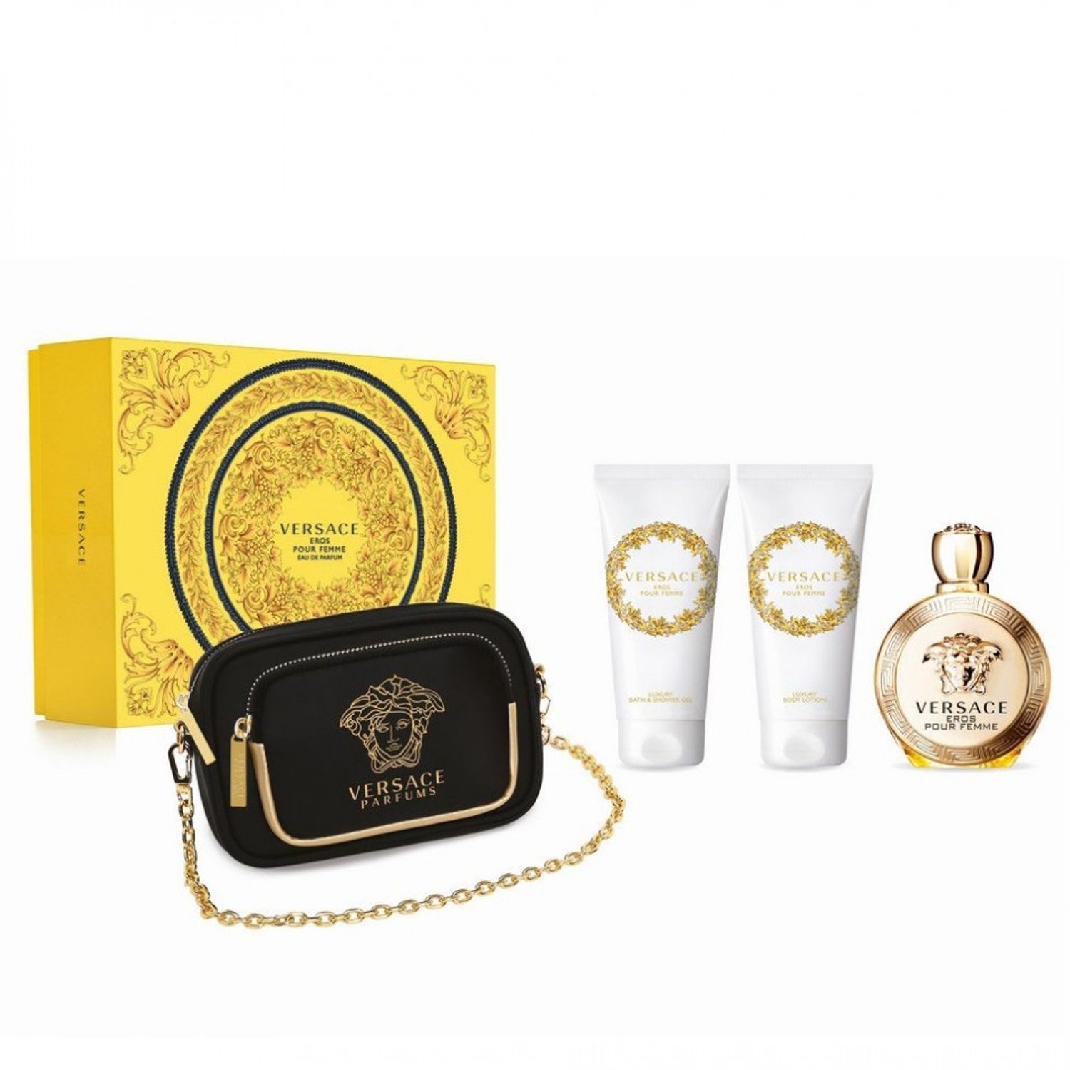 Set cadou Versace Eros Pour Femme, 100ml Apa de Parfum + 100 ml lotiune de corp + 100 ml Gel de Dus + Geanta fotografia produsului