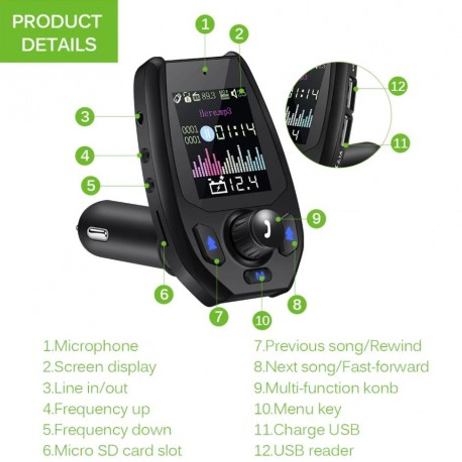 Modulator FM Transmitator Auto Techstar&reg; Onever, Bluetooth 4.0, Wireless, Mp3 Player 3.1A 2xUSB Charger fotografia produsului View 4 L