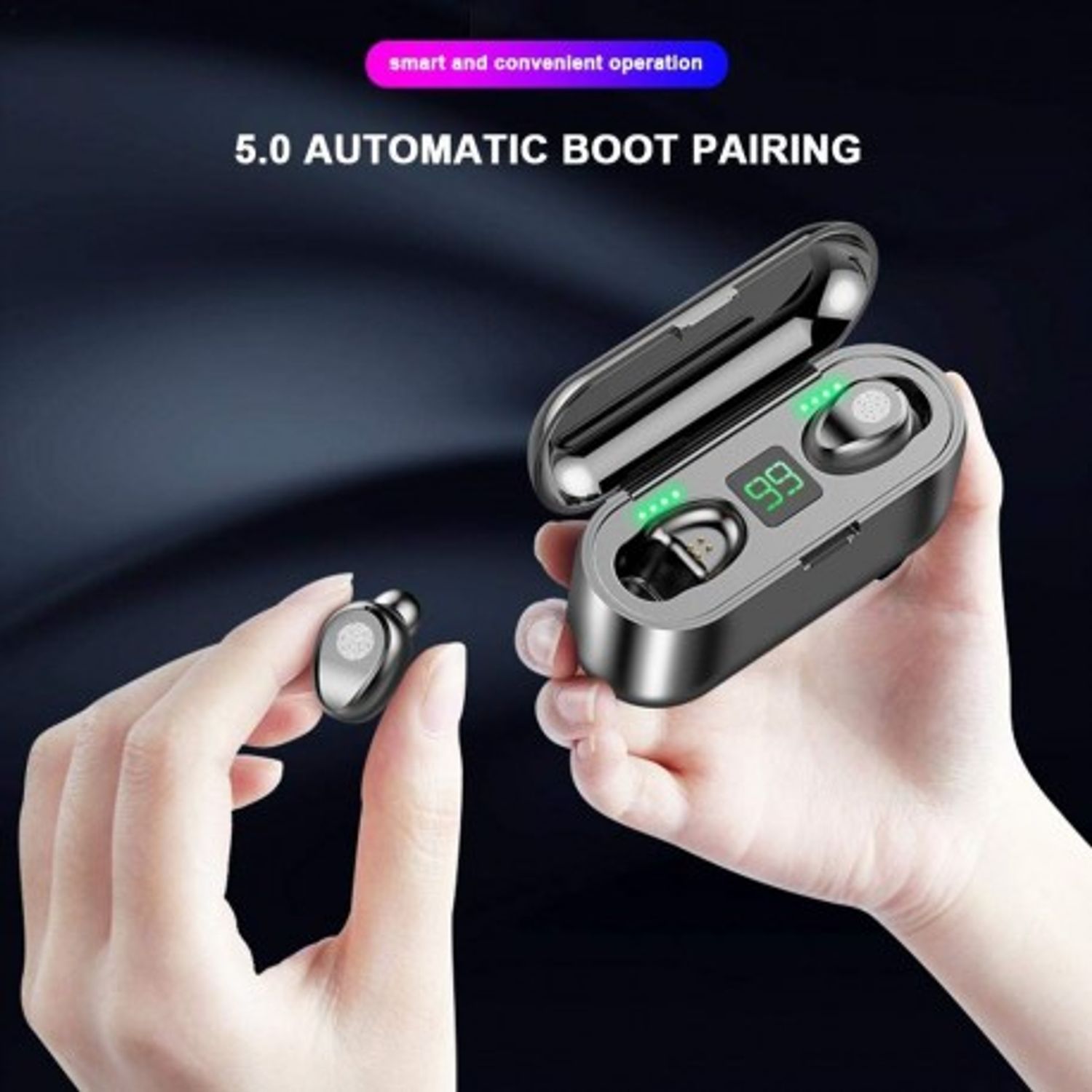 Casti F9 Mini Smart TWS Techstar&reg;, Wireless, Bluetooth V5.0, SplashResistent, Touch, iOS, Android, Negru fotografia produsului View 5 L