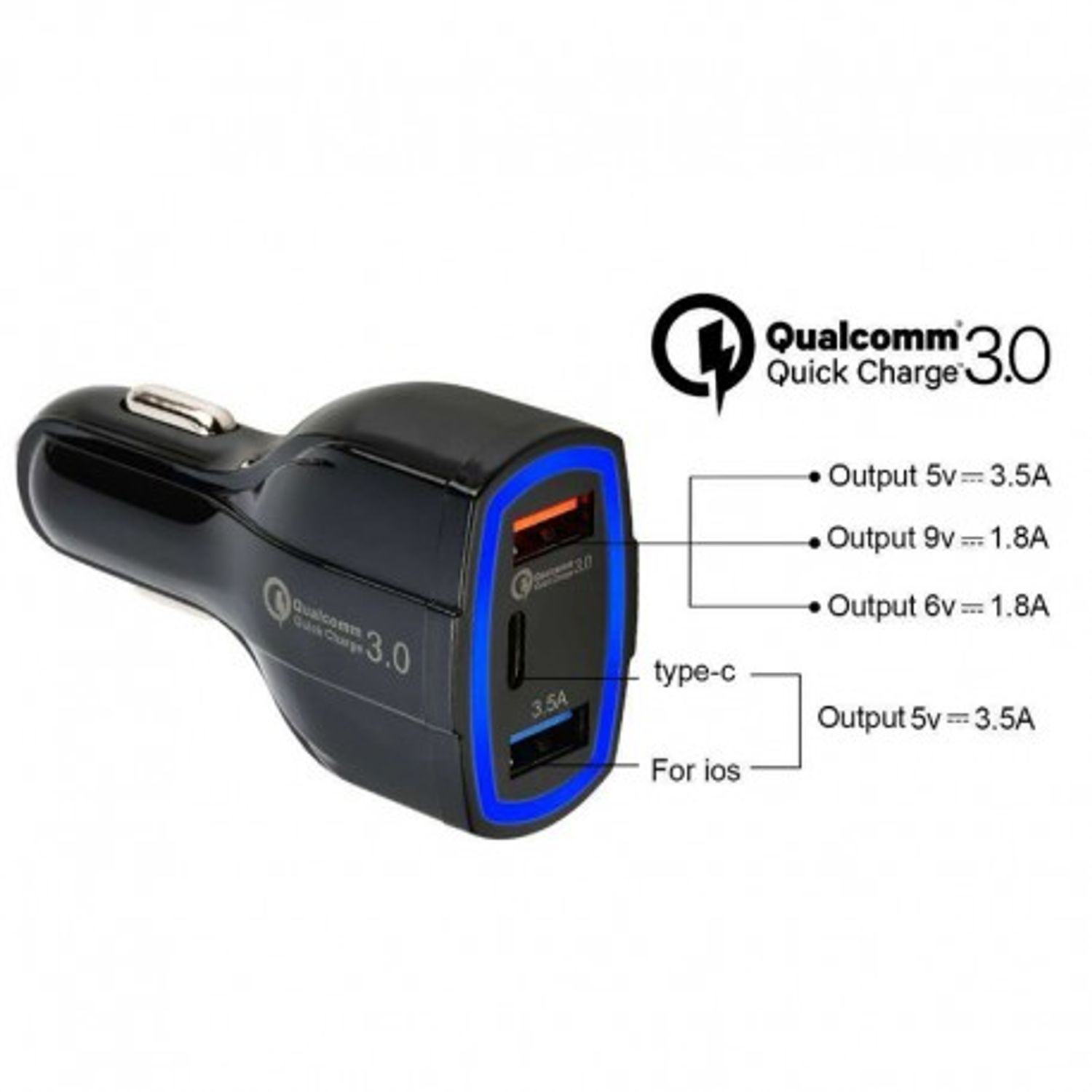 Incarcator Auto Techstar&reg; Turbo Fast, 5V, 3.5A ,QC3.0, DUAL USB, Universal, Negru fotografia produsului