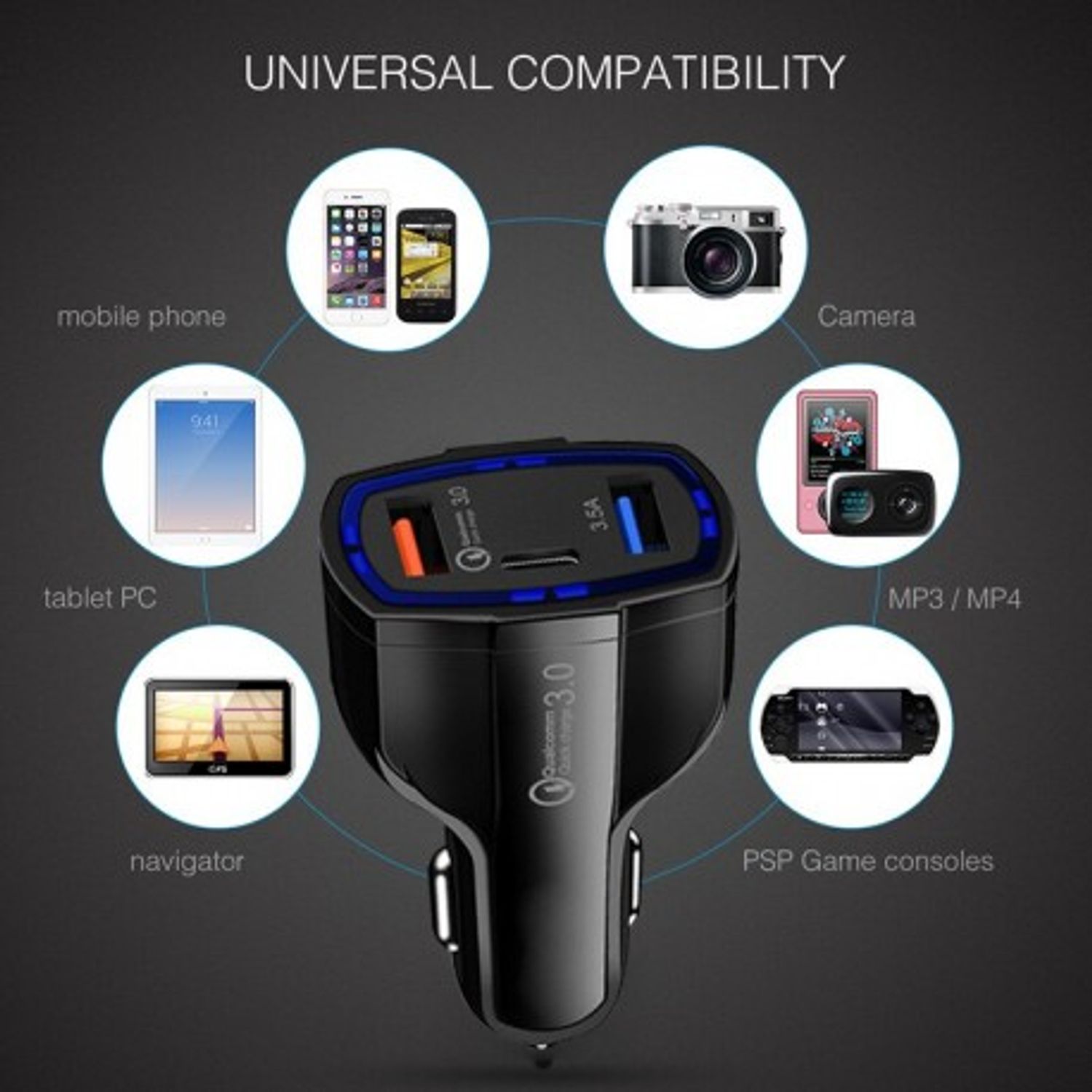 Incarcator Auto Techstar&reg; Turbo Fast, 5V, 3.5A ,QC3.0, DUAL USB, Universal, Negru fotografia produsului View 5 L