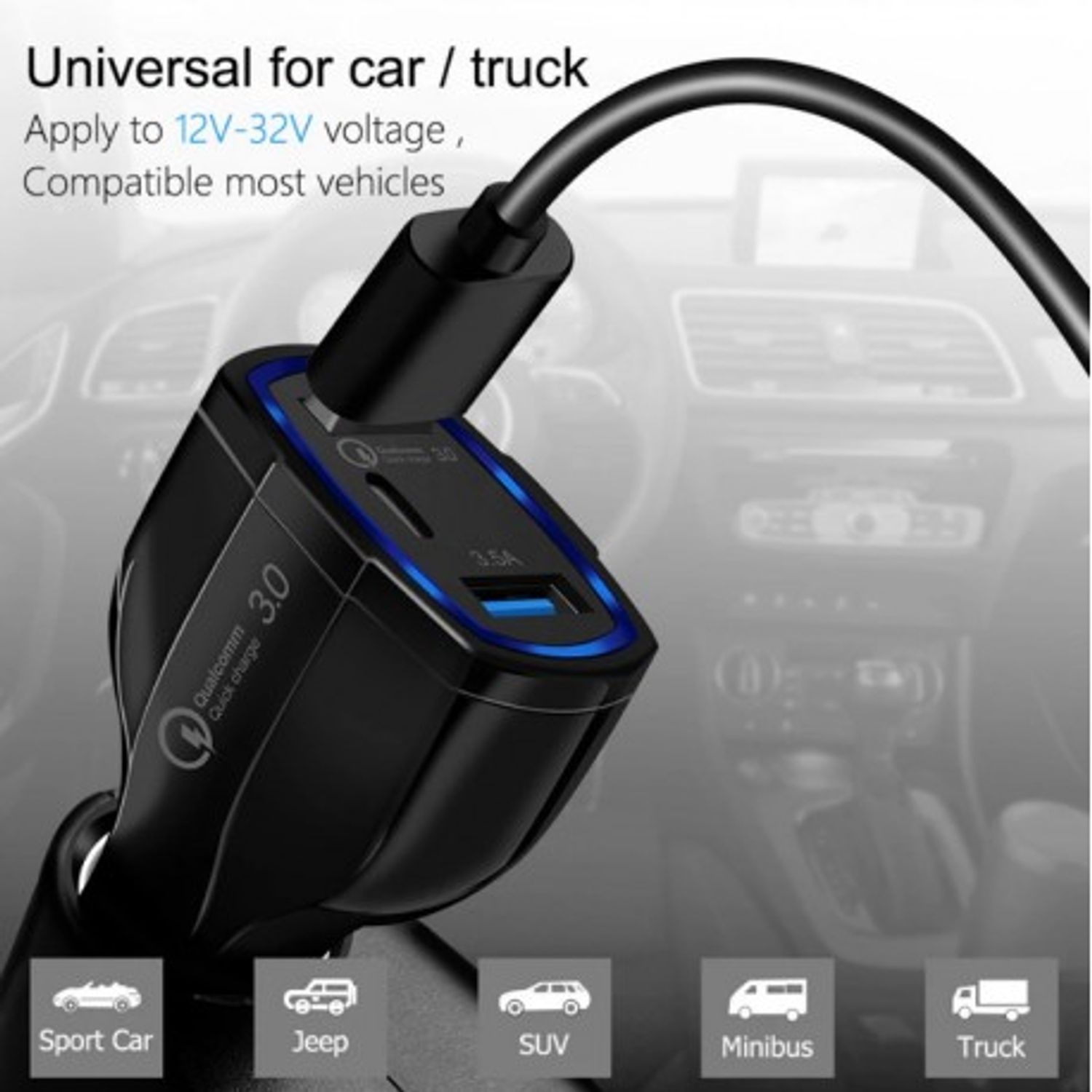 Incarcator Auto Techstar&reg; Turbo Fast, 5V, 3.5A ,QC3.0, DUAL USB, Universal, Negru fotografia produsului View 6 L