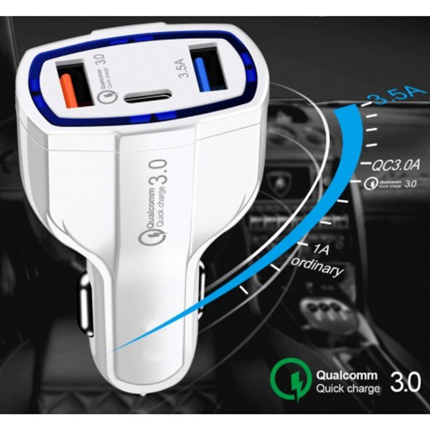 Incarcator Auto Techstar&reg; Turbo Fast, 5V, 3.5A ,QC3.0, DUAL USB, Universal, Alb fotografia produsului View 13 L