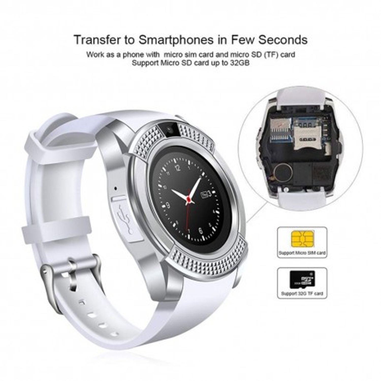 Ceas Smartwatch Techstar® V8, Handsfree, Bluetooth 3.0, SIM, Compatibil Android & iOS, Camera 1.3MP, Alb fotografia produsului View 5 L