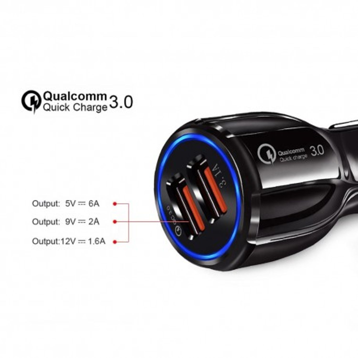 Incarcator Auto Dual 2 USB Techstar&reg; Qualcomm Quick Charge 3.0 Adaptor 9V 2A Bricheta Negru fotografia produsului View 2 L