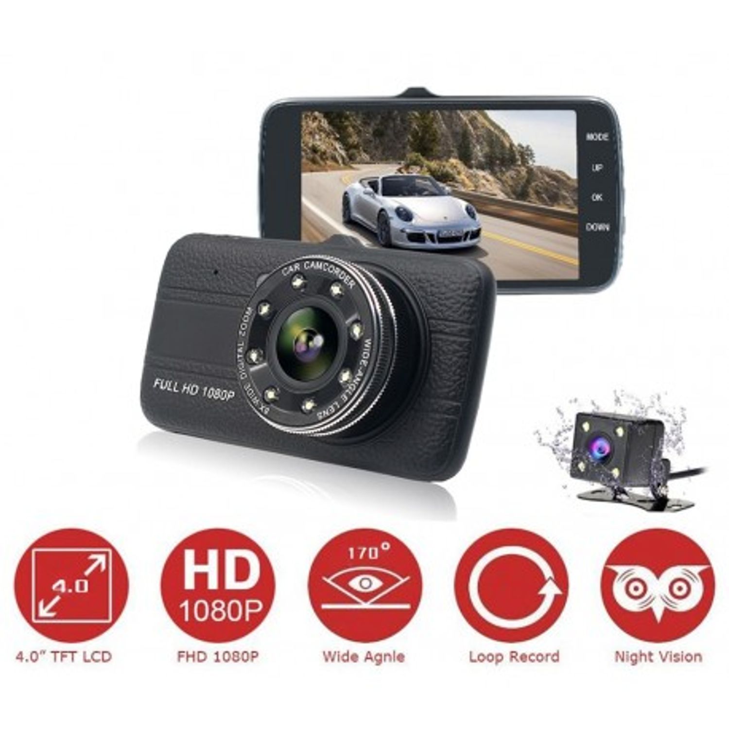 Camera Video Auto Novatek T800 Dubla 8 Led-uri Nightvision tip LED FullHD 12MPx si Display 4" fotografia produsului View 10 L