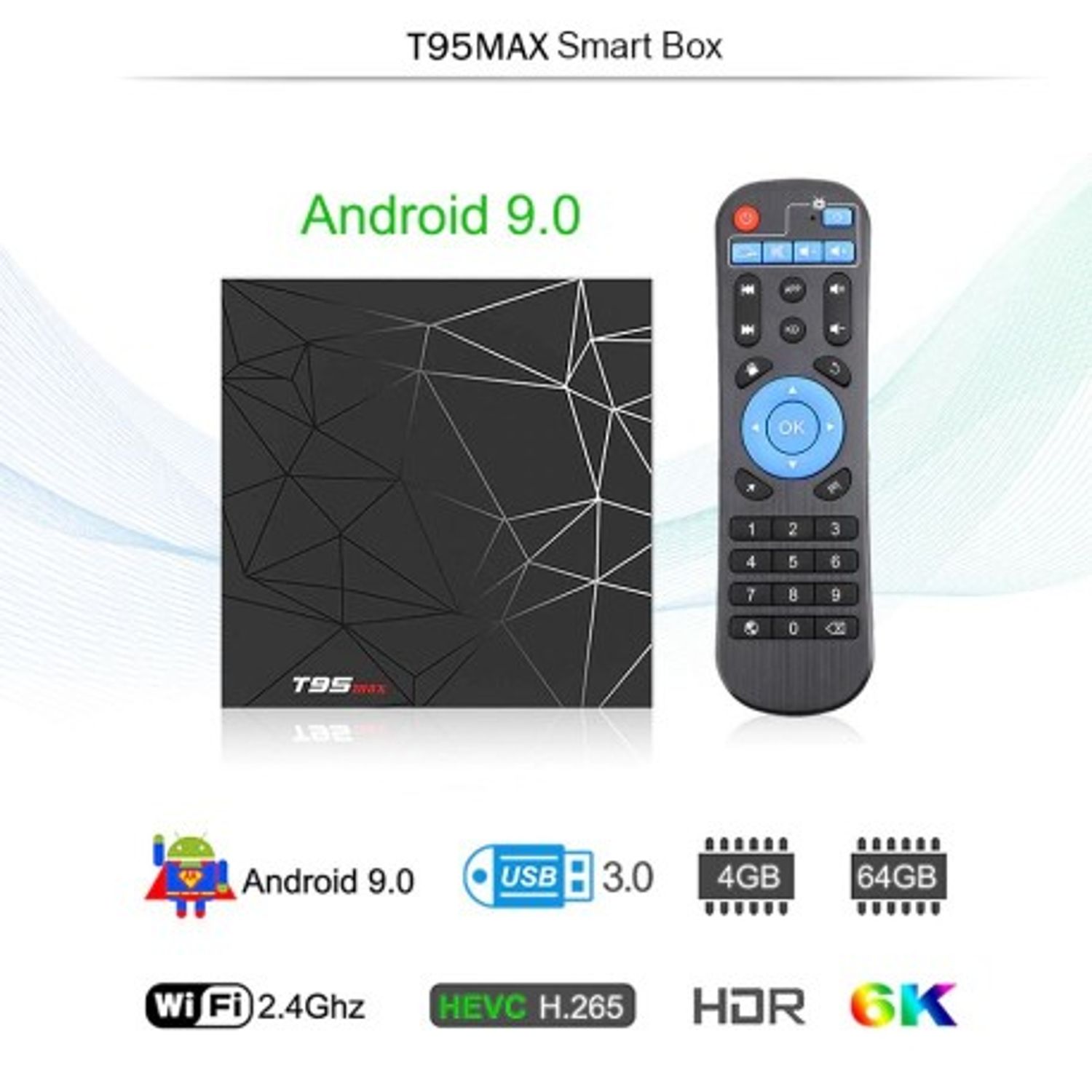 TV Box T95 Max Mini PC Quad Core ARM Cortex A53, 2GB Ram, 16GB ROM, 6K UltraHD, Android 9.0, HDR fotografia produsului