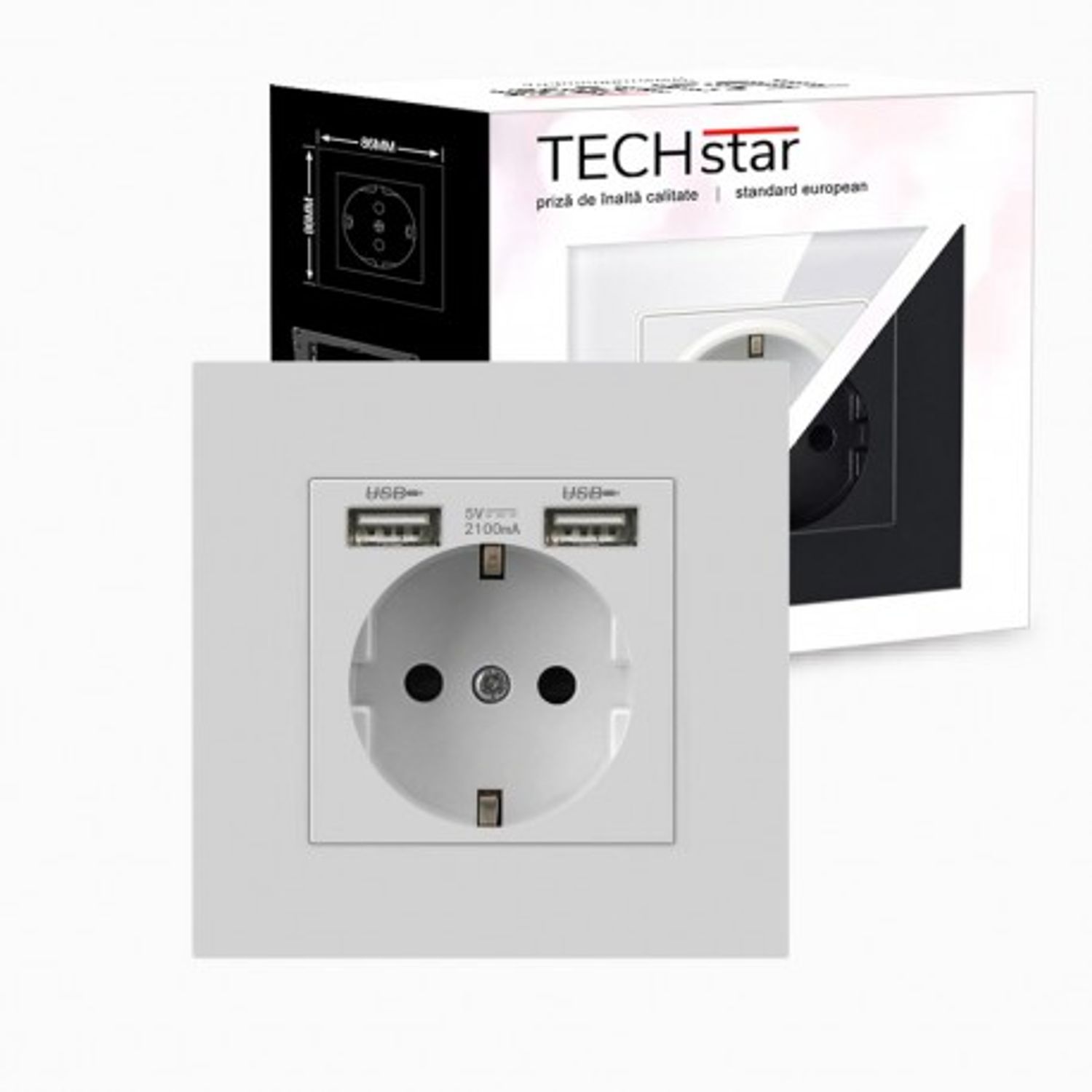 Priza Techstar&reg; PCU1, Simpla, 2 x USB, 2.1 A, Culoare Alb, Policarbonat, 16A fotografia produsului View 2 L