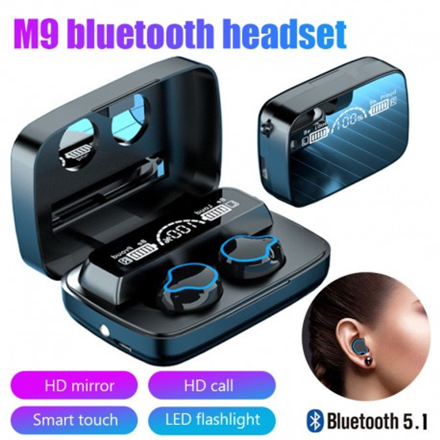 Casti Smart Techstar&reg; M9, Wireless, Bluetooth V5.1, Touch, Display Digital, 2000mAh, pentru iPhone Xiaomi Huawei, Negr fotografia produsului View 4 L