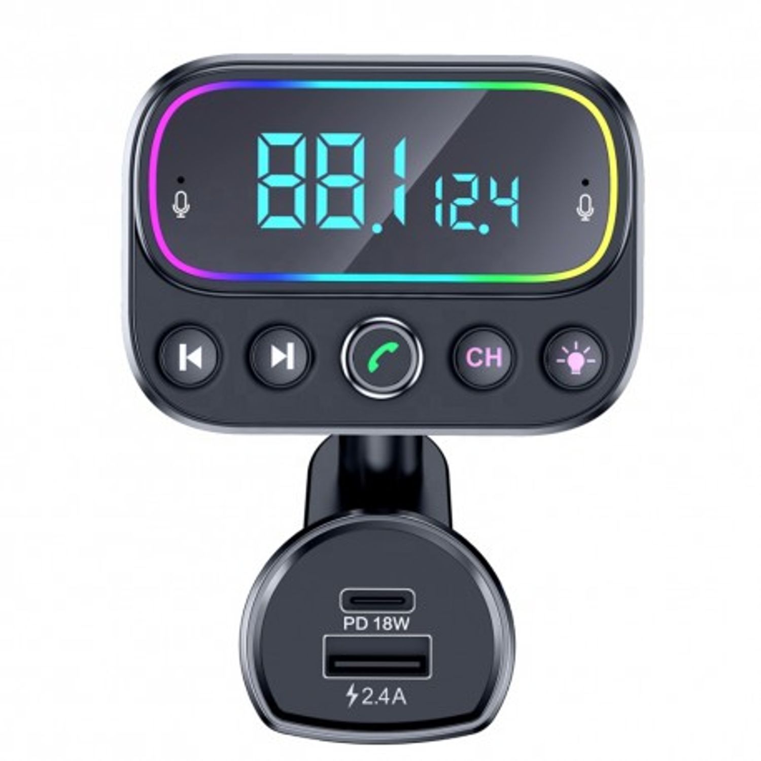 Modulator FM Techstar&reg; T67, Bluetooth 5.0, Microfon Dual, Voltaj Baterie, USB, 18W PD Type C, MicroSD, AUX, RGB fotografia produsului View 3 L