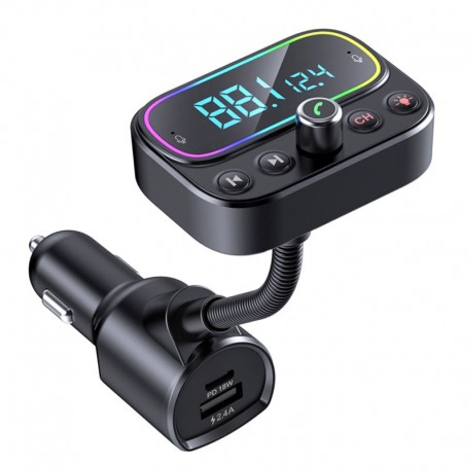 Modulator FM Techstar&reg; T67, Bluetooth 5.0, Microfon Dual, Voltaj Baterie, USB, 18W PD Type C, MicroSD, AUX, RGB fotografia produsului View 2 L