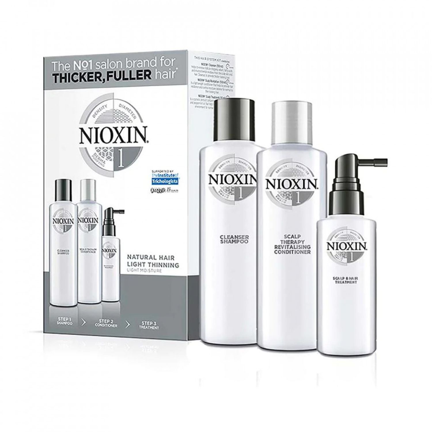 Set Nioxin System 1, Sampon 300 ml + Balsam 300 ml + Tratament 100 ml fotografia produsului