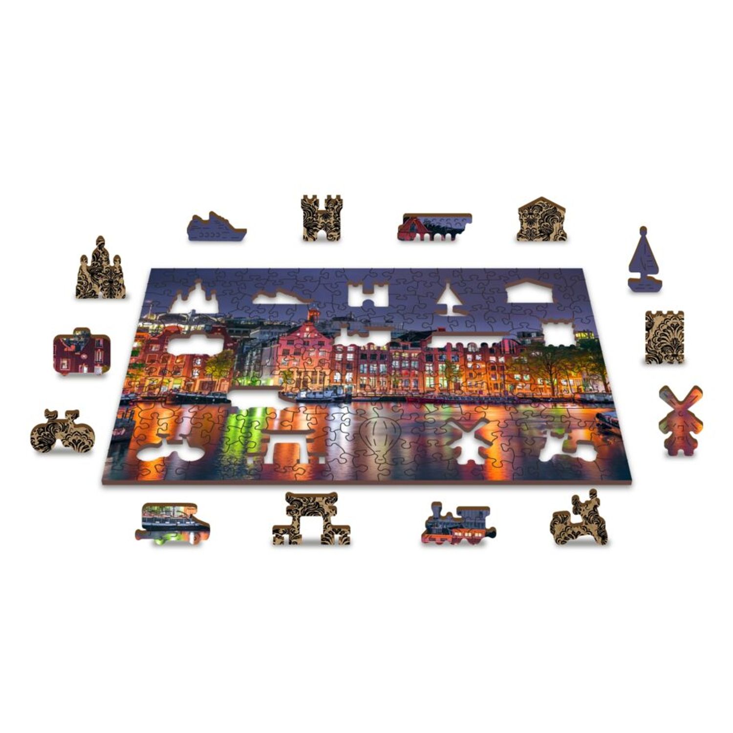 Puzzle din lemn, Amsterdam noaptea, 200 piese fotografia produsului View 4 L