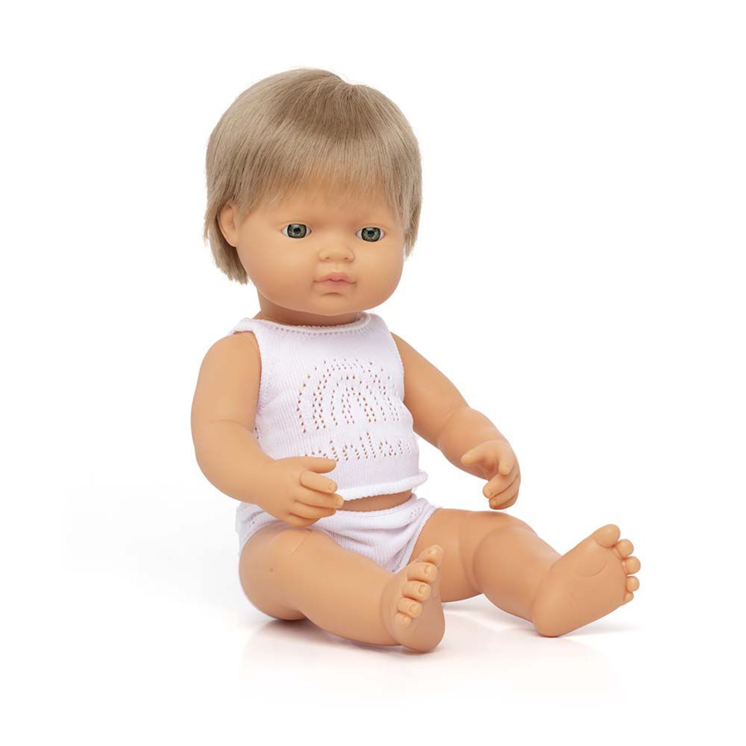 Papusa educativa 38 cm Baiat caucazian blond inchis fotografia produsului
