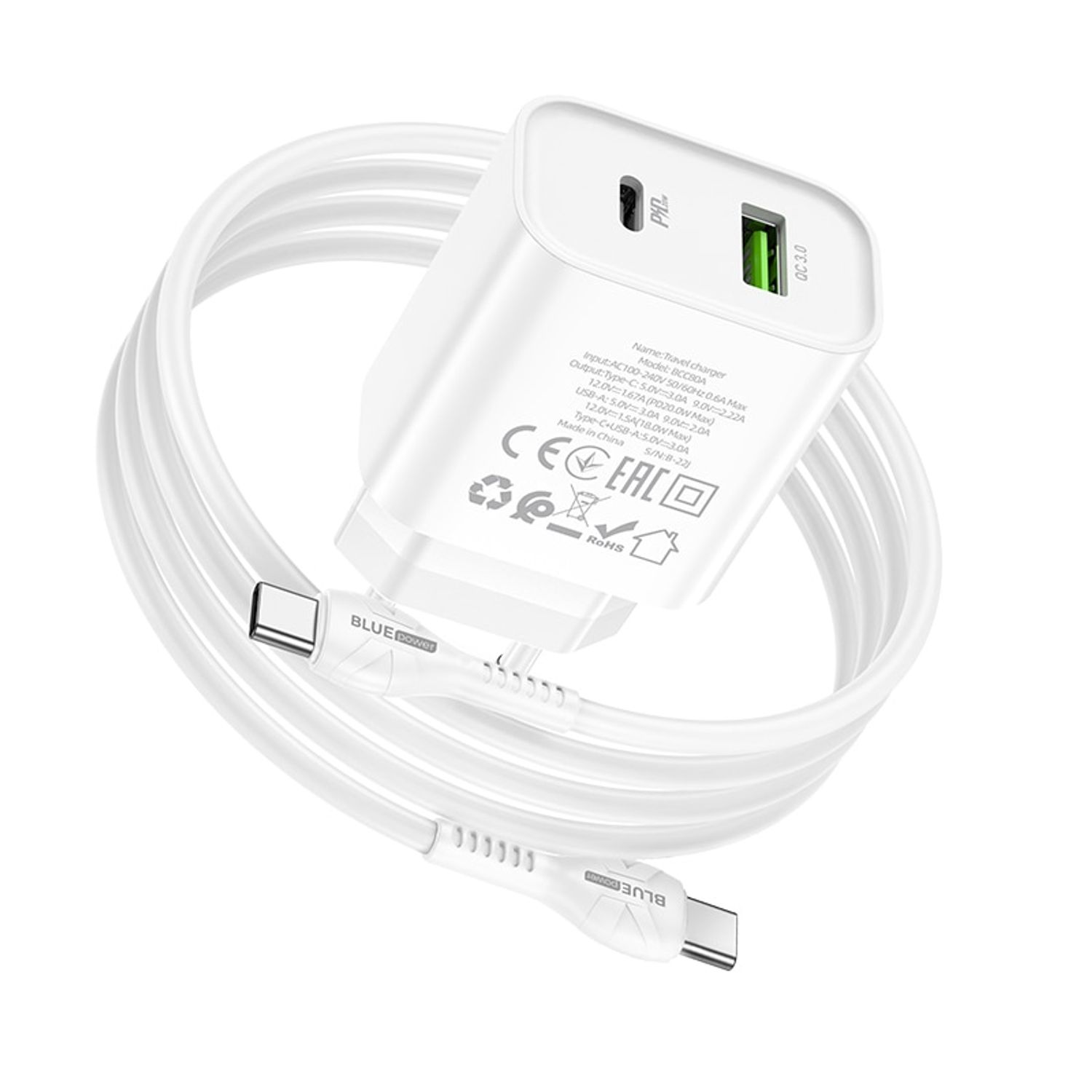 Incarcator Retea BLUE Power BCC80A Rapido, 20W, USB, USB Type-C, Quick Charge + cablu USB Type-C, 1m (Alb) fotografia produsului View 2 L