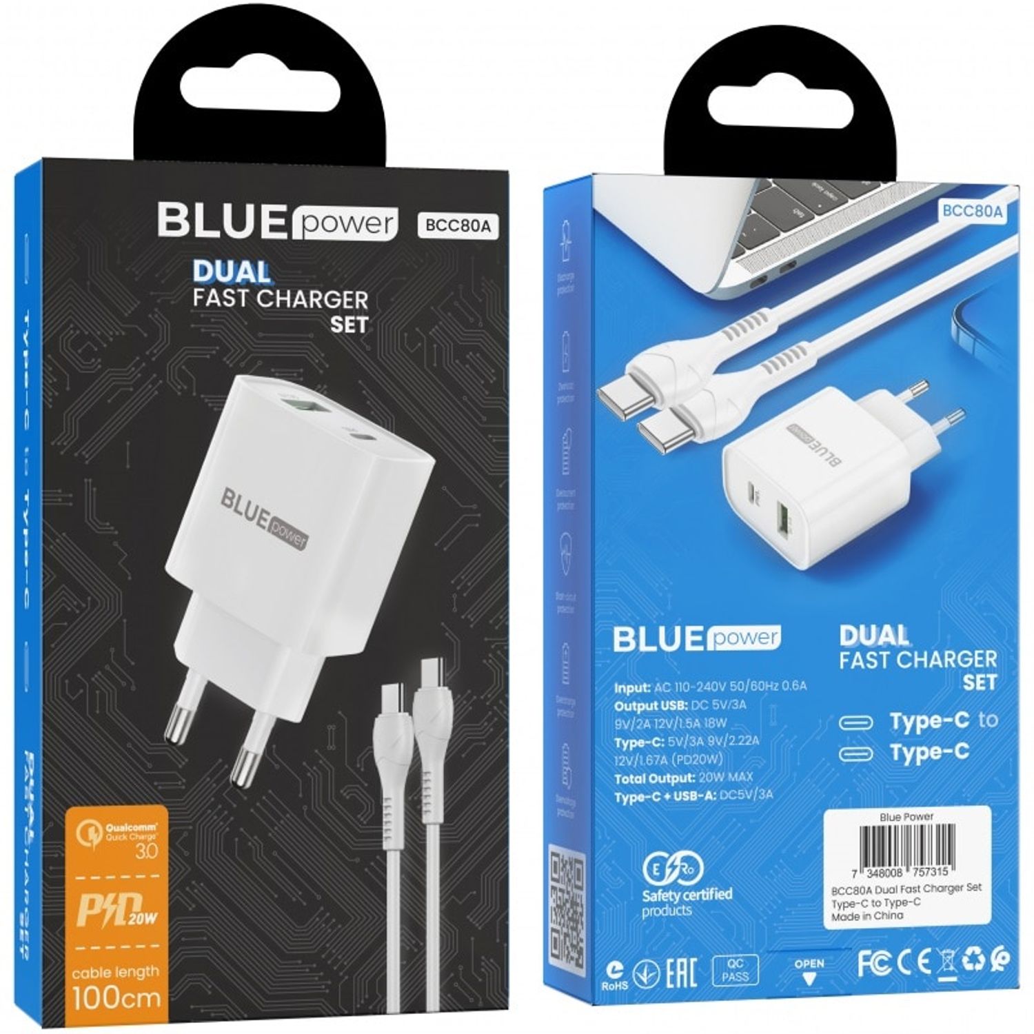 Incarcator Retea BLUE Power BCC80A Rapido, 20W, USB, USB Type-C, Quick Charge + cablu USB Type-C, 1m (Alb) fotografia produsului View 6 L