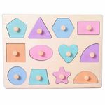 Puzzle incastru din lemn cu maner, 12 forme geometrice, pastel fotografia produsului