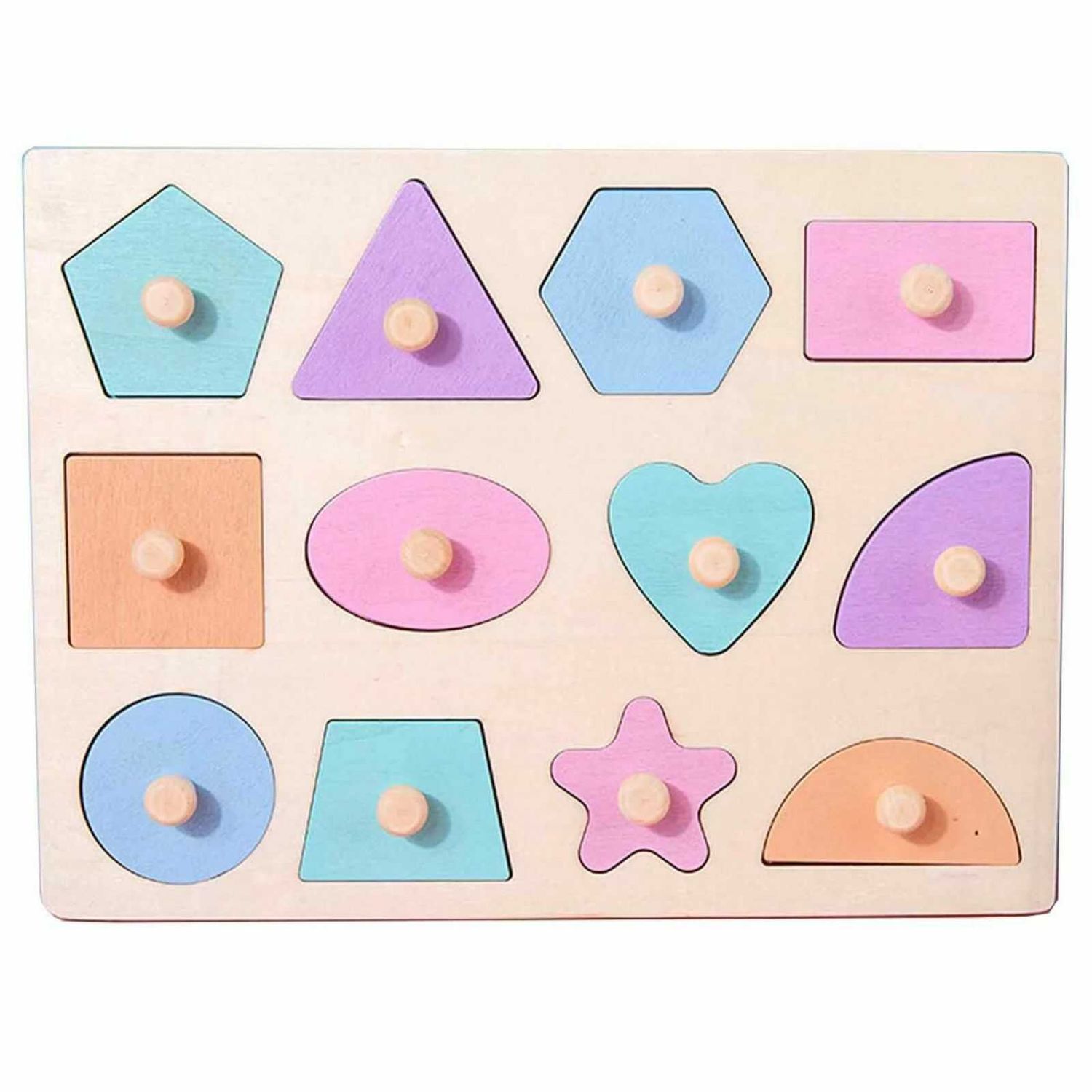 Puzzle incastru din lemn cu maner, 12 forme geometrice, pastel fotografia produsului