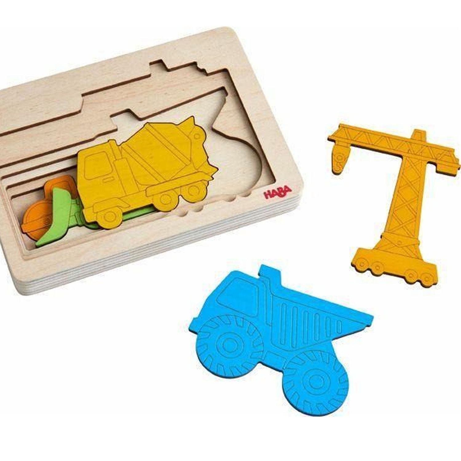 Puzzle incastru din lemn pentru copii, 3D, cu 5 piese colorate, Utilaje de Constructii, Haba fotografia produsului View 2 L
