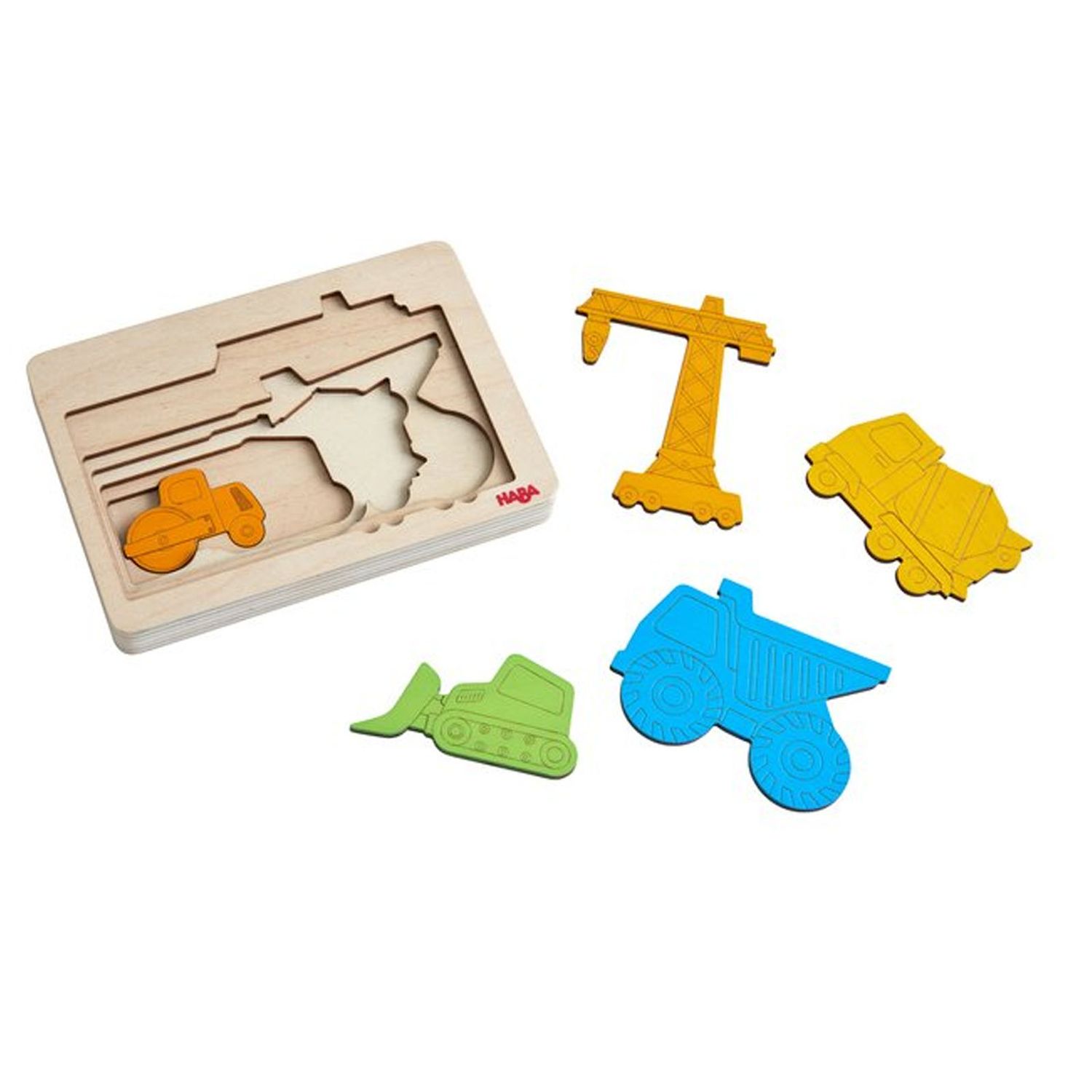 Puzzle incastru din lemn pentru copii, 3D, cu 5 piese colorate, Utilaje de Constructii, Haba fotografia produsului