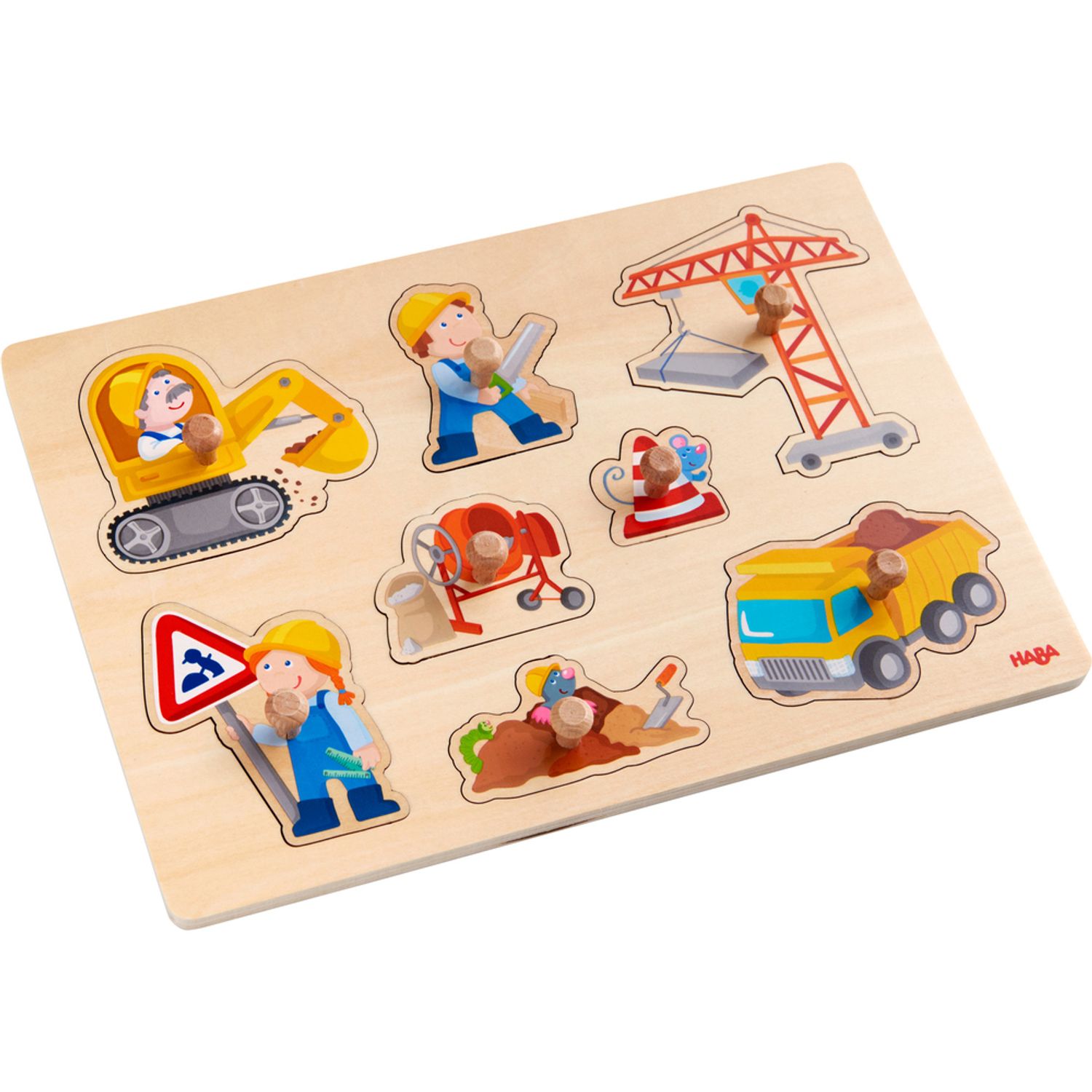 Puzzle din lemn pentru copii, cu buton, Constructii fotografia produsului